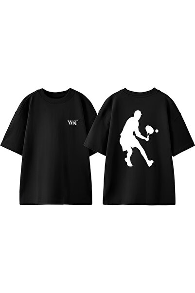 THEWERT تي شيرت قطني أسود كبير الحجم مطبوع عليه تصميم تنس 6 على الظهر