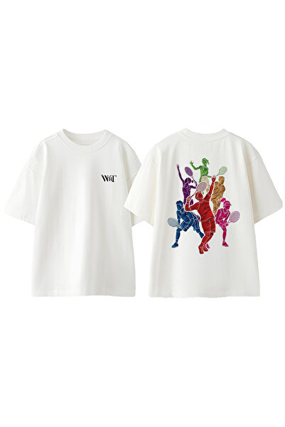 THEWERT تي شيرت قطني أبيض كبير الحجم مطبوع عليه تصميم تنس 2 على الظهر