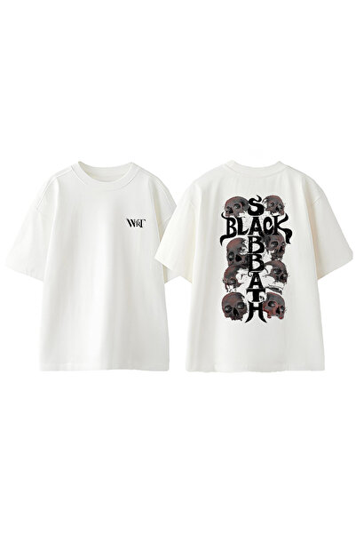 THEWERT Tricou supradimensionat alb din bumbac cu imprimeu pe spate Black Sab...