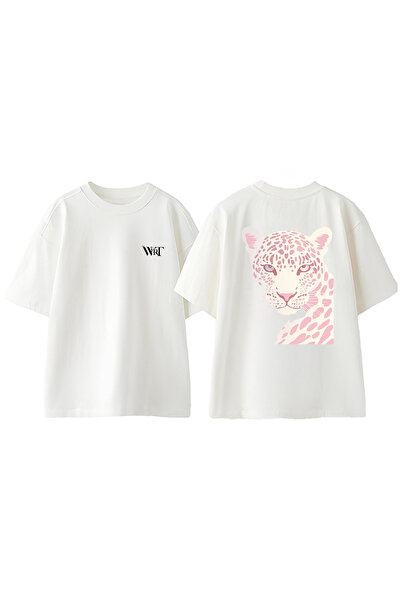 THEWERT Μπλουζάκι με στάμπα πλάτης με σχέδιο Pink Tiger, βαμβακερό λευκό over...