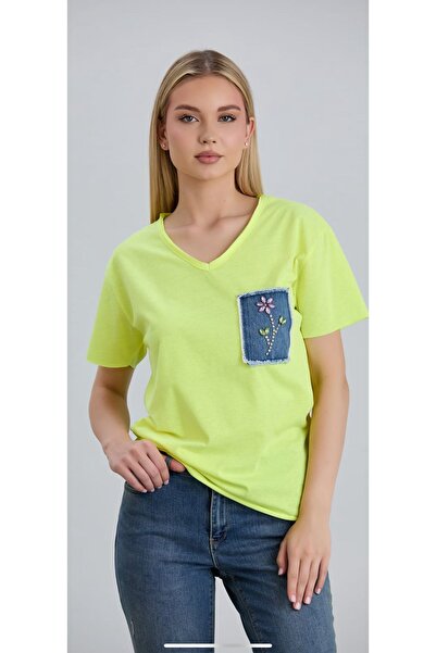 mor butik Purple Boutique Women's Neon Yellow V-Neck Bluz with Stone Detail