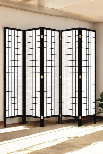 Fupe Shop Doğal Ahşap Japon Stil Çizgisel Siyah Paravan Seperatör, Oda Bölme