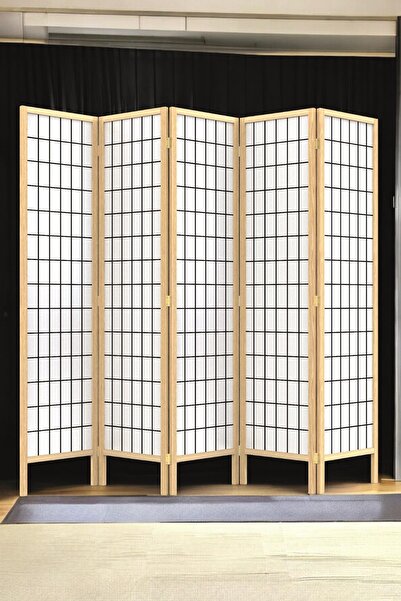 Fupe Shop Doğal Ahşap Japon Stil Çizgisel Bej Paravan Seperatör Oda Bölme