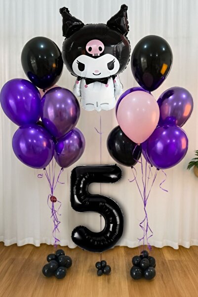 PARTİAVM Kuromi 5 Yaş Doğum Günü Balon Seti Siyah Rakam Pembe Metalik Mor Siy...