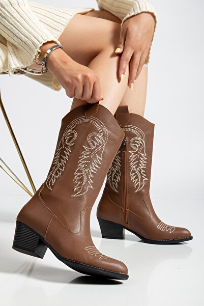 ŞIK STORE Kovboy Kahve Cilt Çizme Kadın Western Dikiş Detaylı Orta Kalın Topuklu