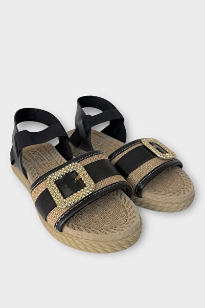 Liger Women's Buckled Straw Single Strap Rubber Detailed Sandals Black - Gold
