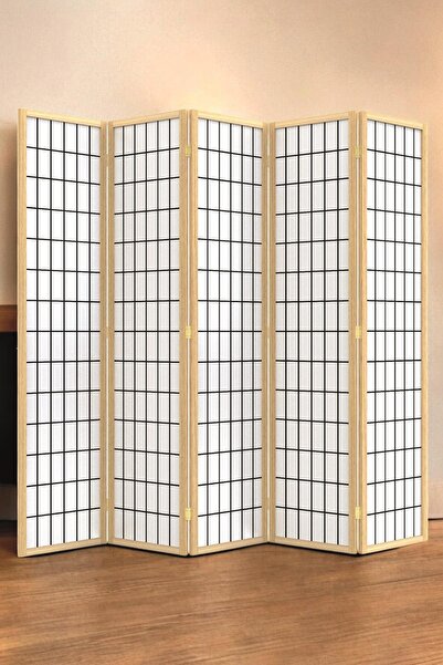 Fupe Shop Doğal Ahşap Japon Stil Çizgisel Bej Paravan Seperatör Oda Bölme