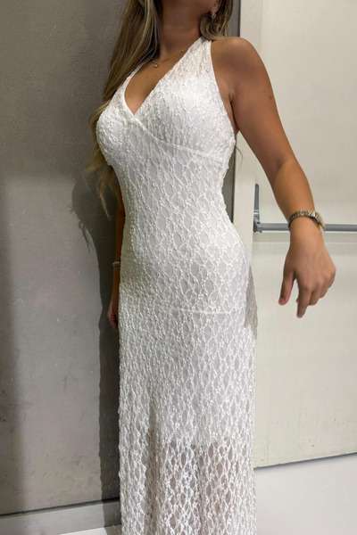 thesunfyre Women's V-Neck Lace Dress with Tie