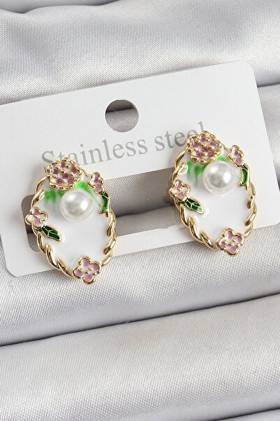 ALFA AKSESUAR 03 Brass White Enamel Pearl Detailed Artistic Portrait Model Gold Color Women's Earrings - Tj-Bkp10689