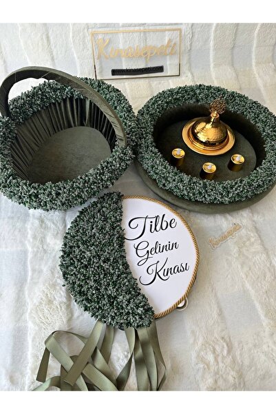 Kınasepeti Kişiye Özel İsimli Def, Haki Yeşil Tomurcuklu Kına Tepsisi ve Sepe...