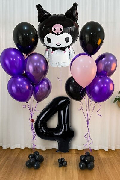 PARTİAVM Kuromi 4 Yaş Doğum Günü Balon Seti Siyah Rakam Pembe Metalik Mor Siy...