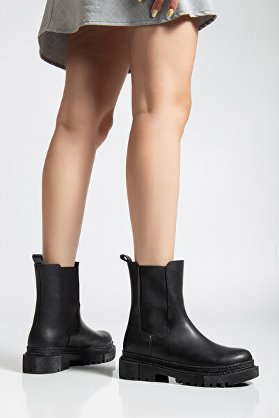 ŞIK STORE Women's Thick Sole Comfortable Wear Elastic Black Chelsea Boots Bootie