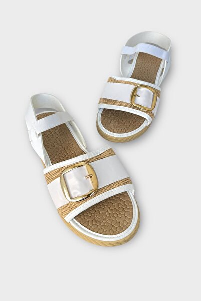 Liger Women's Buckled Straw Single Strap Rubber Detailed Sandals White