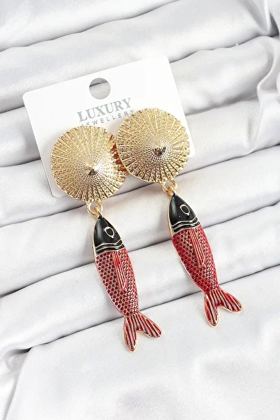 ALFA AKSESUAR 03 Brass Dangle Zircon Stone Red Black Fish Model Gold Color Women's Earrings - Tj-Bkp10751