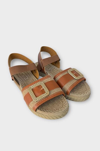 Liger Women's Buckled Straw Single Strap Rubber Detailed Sandals Taba - Gold