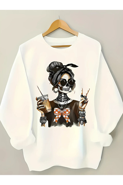 BEETON Coffee Rebel Vibe Printed Thick Winter Sweatshirt - White Crew Neck Oversize Sweatshirt