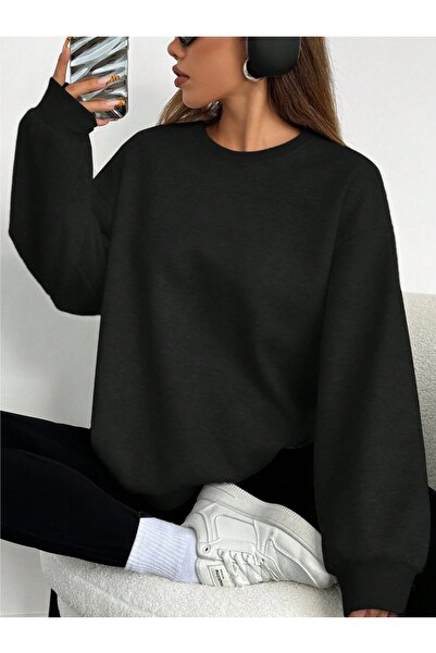 shidumanlar Unisex Bay/ Baskısız Oversize Pamuklu Bisiklet Yaka 2 İplik Şardonlu Kışlık Sweatshirt