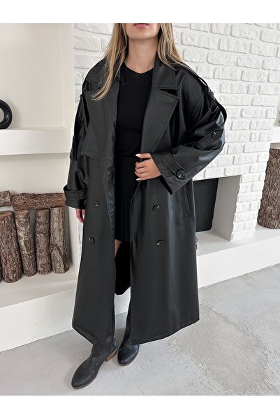 Ekim Store Düğmeli Kuşaklı Astarlı Uzun Deri Kaban