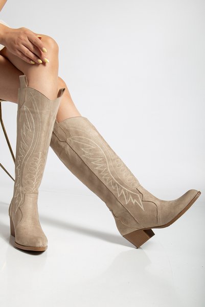 ŞIK STORE Women's Cowboy Beige Suede Boots Western Stitching Detailed Thick Heeled