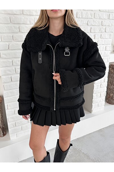 Ekim Store Kontrast Peluş Süet Biker Mont