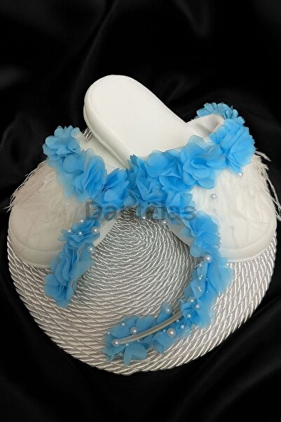 DANTELAS White Pearl Detailed Blue Flower Embellished Maternity Slippers Crown Set - Maternity Set -