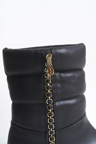 Solo Bag Жіночі чорні шкіряні боти з прихованою підкладкою на підборах, без застібки, з ланцюжковими деталями, стильні, для щоденного носіння