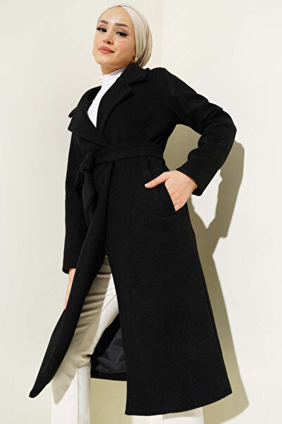 Prilika Women's Black Lined Long Oversized Cashmere Coat with Pockets and Belt