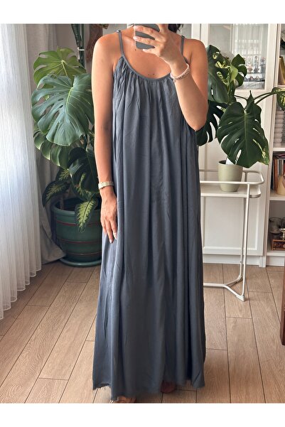 Store Antrasit İnce Askılı Astarlı Pamuk-Keten Uzun Elbise
