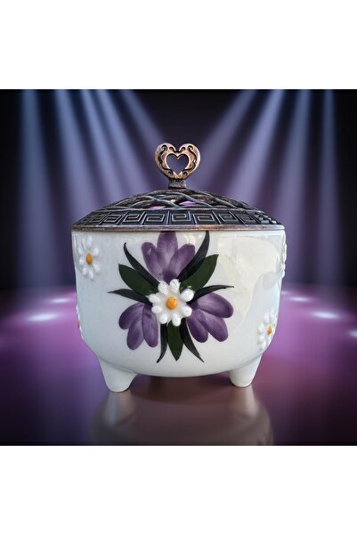 İlbay Çini Takı Ayşen Ceramic Sugar Bowl with Zamak Lid Purple Crocus Flower