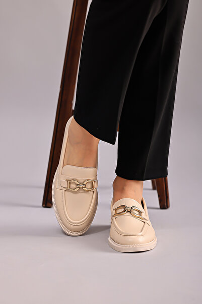 Modafadır Kadın Krem Loafer Makosen Casual Gold Renk Tokalı Günlük Ayakkabı
