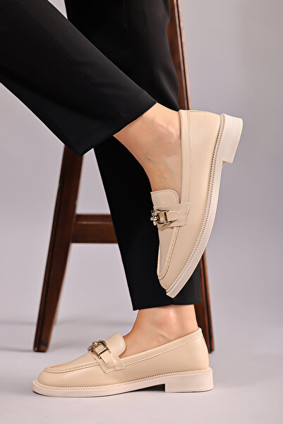 Modafadır Kadın Krem Loafer Makosen Casual Gold Renk Tokalı Günlük Ayakkabı
