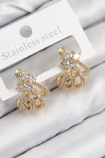 ALFA AKSESUAR 03 Brass Zircon Stone Model Gold Color Women's Earrings - Tj-Bkp11106