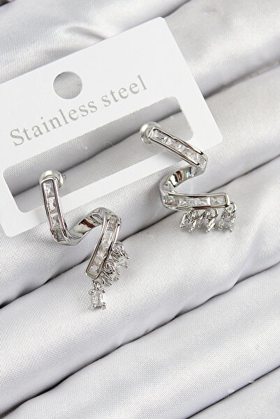 ALFA AKSESUAR 03 Brass Zircon Stone Curved Model Silver Color Women's Earrings - Tj-Bkp11113