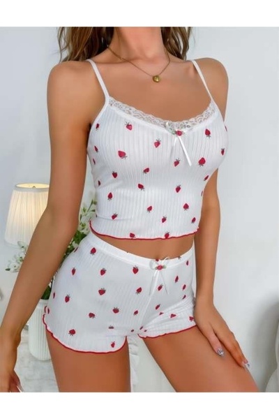 ALFA AKSESUAR 03 White Strawberry Patterned Suspender Shorts Pajama Set
