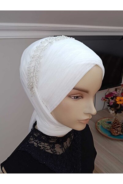 BERKE TUHAFIYE AKSESUAR Off-White Forehead-Connected Frequent Draping Model Ready-Made Veil Ready-Made Shawl Ready-Made Turban with Accessories