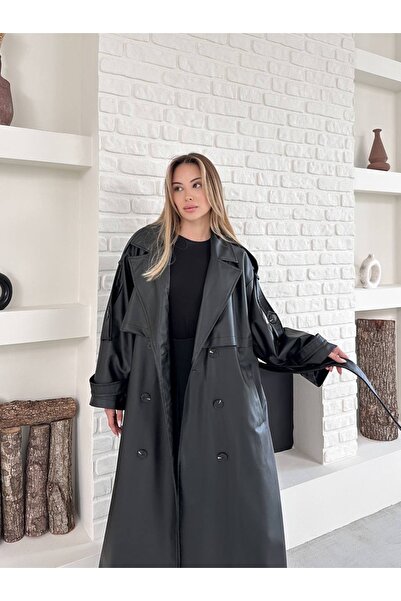 timagna Kadın Trençkot Suni Deri Kuşaklı Cepli Cool Ve Tarz Dış Giyim