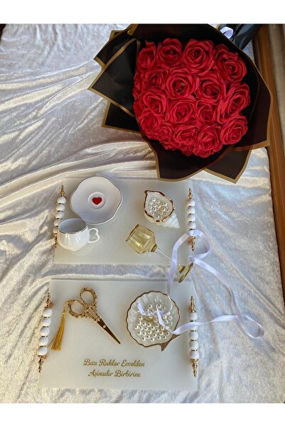 Yopoksi Desing KALP FİNCANLI PARLAK BEYAZ SÖZ,NİŞAN,İSTEME TEPSİ SETİ, DAMAT ...