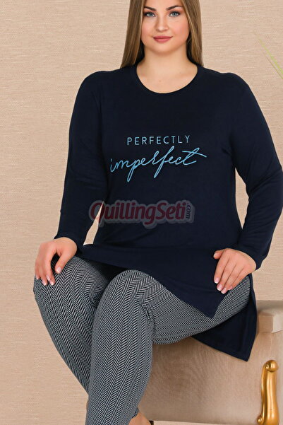 quilling Navy Blue Color Fish Back Patterned 11311 Women's Long Sleeve Plus Size Pajamas Set for Mother