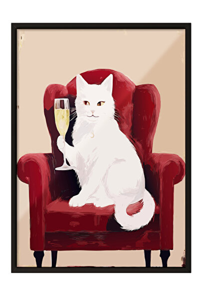 Zestia Tablou în ramă neagră, pisică albă pe un fotoliu roșu, poster decorati...