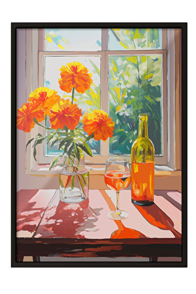 Zestia Tablou cu ramă neagră, flori portocalii într-o vază la fereastră, post...