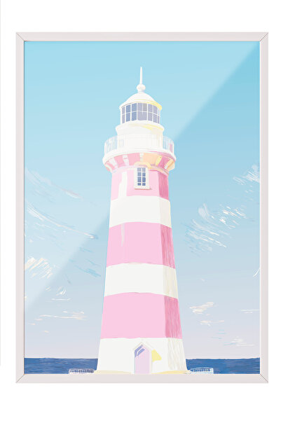 Zestia Πίνακας με λευκό πλαίσιο, Φάρος με ροζ γραμμές, Διακόσμηση σαλονιού Αρ...