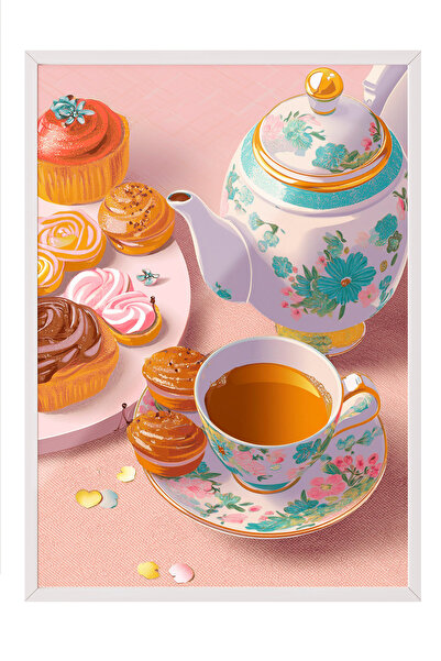 Zestia Tablou cu ramă albă, Ceai și prăjituri – Decor cald pentru bucătărie, ...