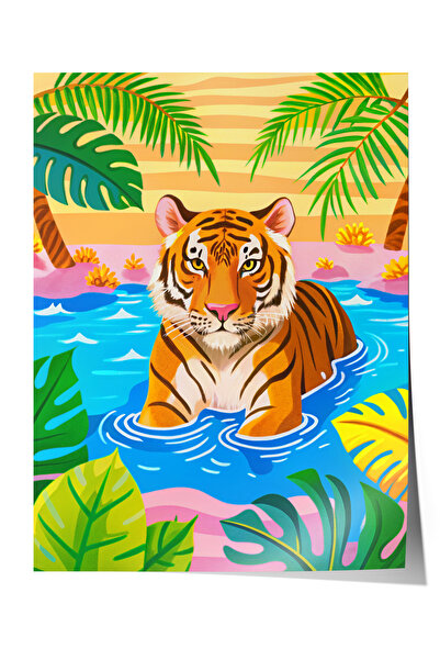 Zestia Poster fără ramă, Tigru tropical – cu frunze de palmier, Poster decora...