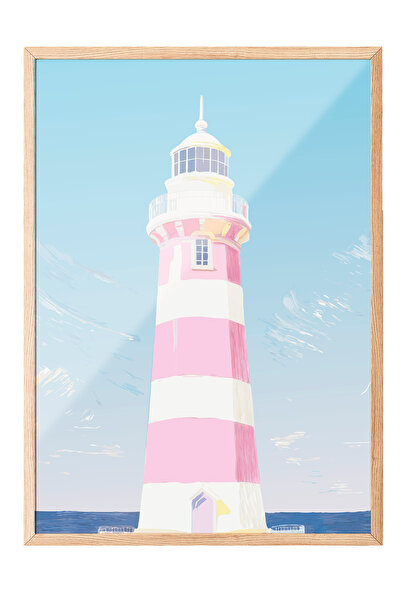 Zestia Tablou cu ramă din lemn, Far cu dungi roz, Poster decorativ pentru cam...