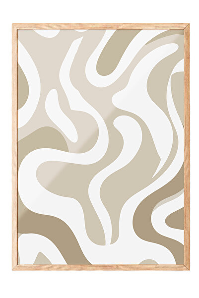 Zestia Tablou cu ramă din lemn, linii ondulate abstracte – tonuri de bej, pos...