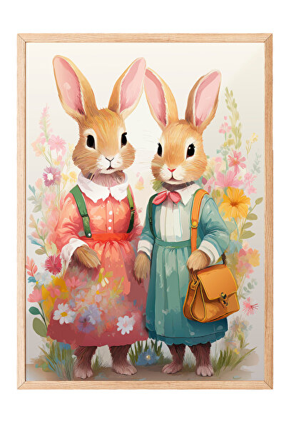 Zestia Tablou cu ramă din lemn, Iepuri în rochii, Poster decorativ pentru cam...