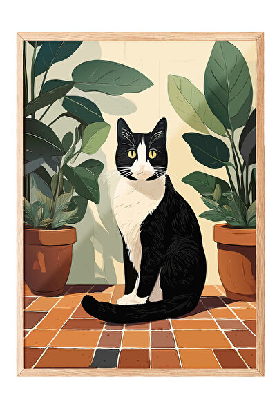 Zestia Tablou cu ramă din lemn, pisică neagră într-un ghiveci – Artă minimali...