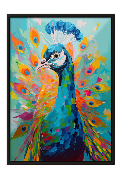 Zestia Tablou înrămat negru, Păun în culori vii – Artă modernă, Poster decora...