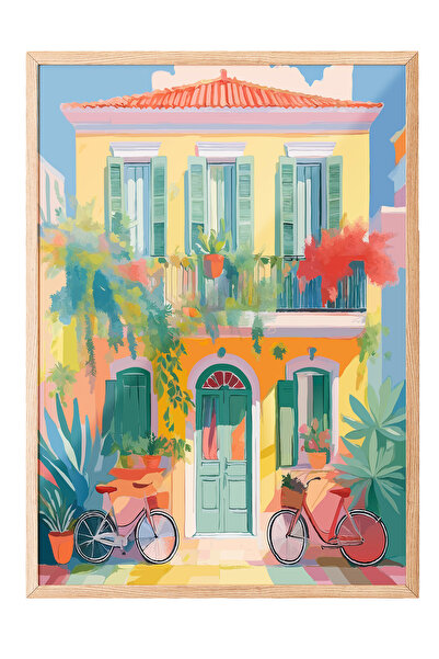 Zestia Tablou cu ramă din lemn, Casă mediteraneană și bicicletă, Poster decor...