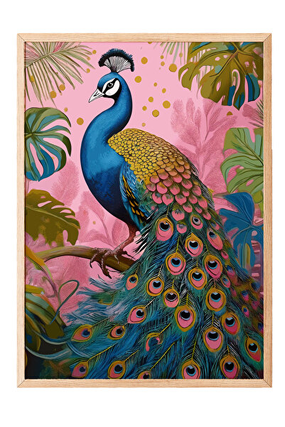 Zestia Tablou cu ramă din lemn, Păun colorat – Detalii clasice, Poster decora...